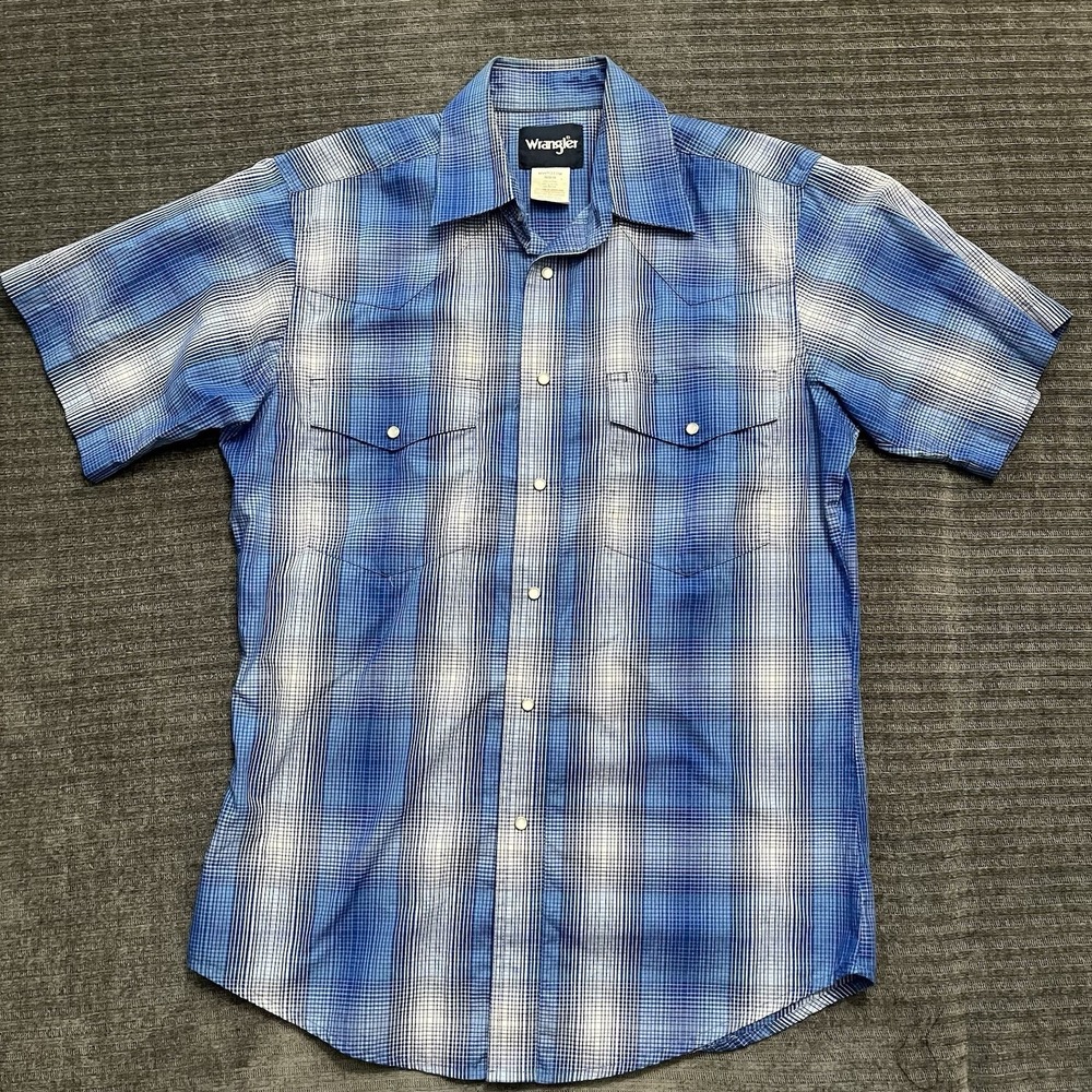 Wrangler Pearl Snap Shirt Medium Blue Plaid Short Sleeve Western Rodeo Cotton